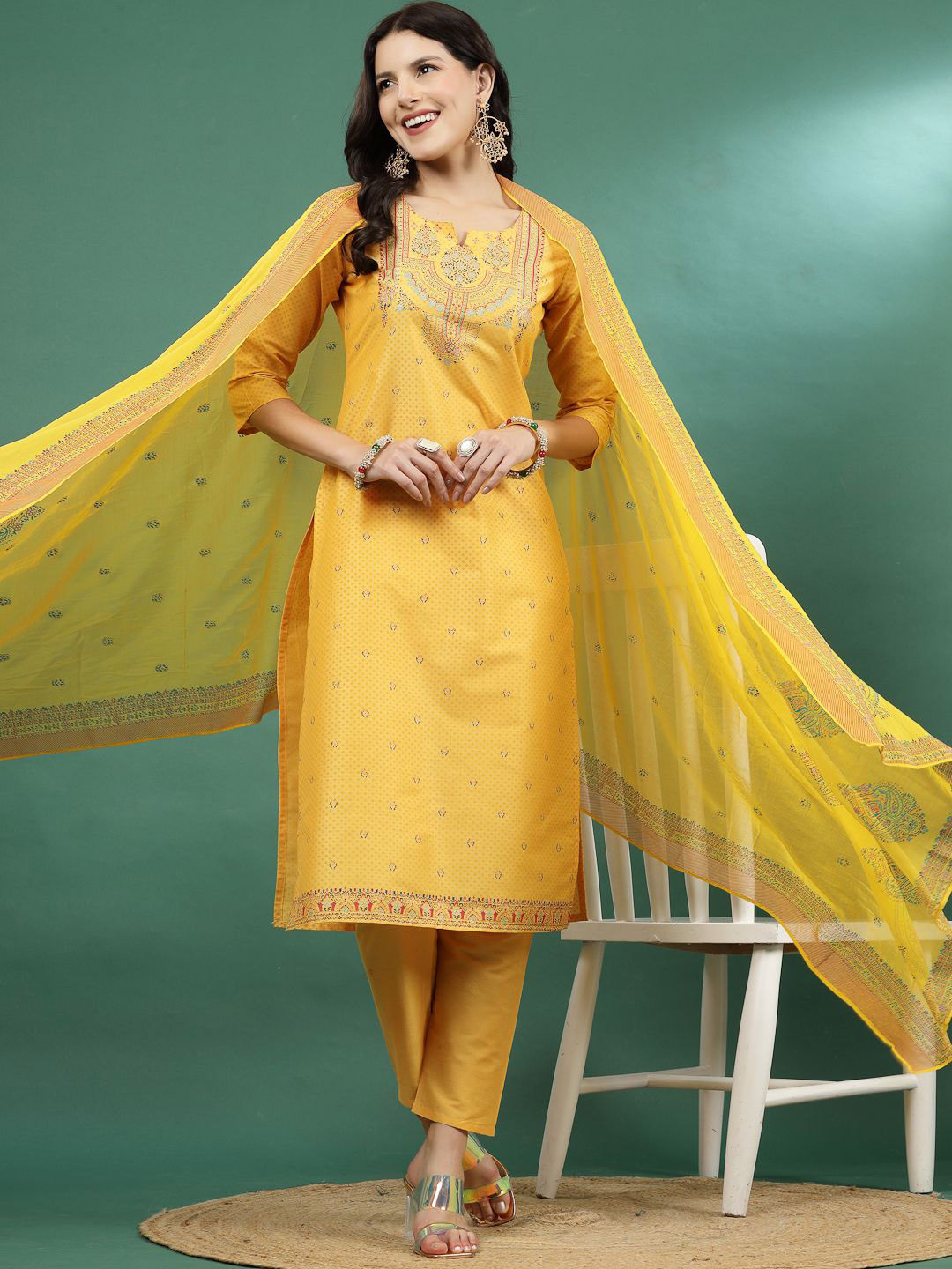 

Sangria Printed Notch Neck Printed Straight Kurta With Trouser & Dupatta Set, Yellow