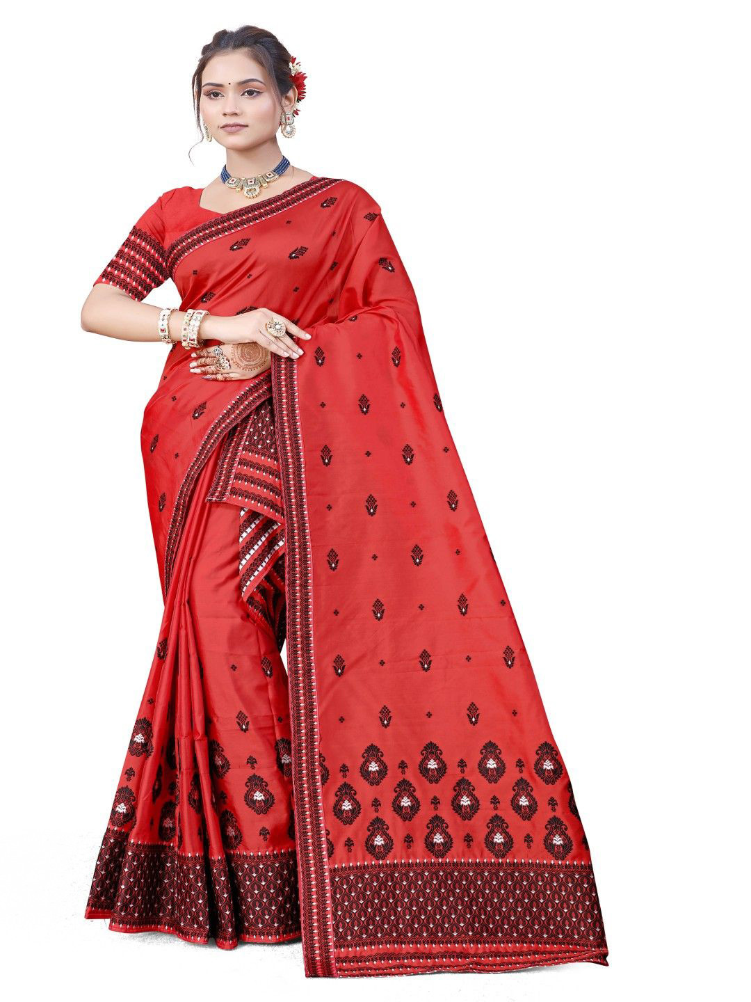 

Skiran's Assamese Mekhela Chador Woven Design Saree, Red