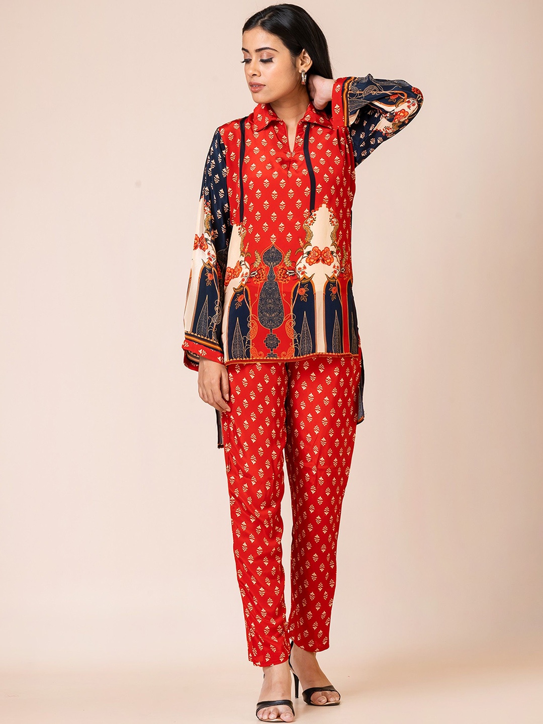 

SARSO Ethnic Motifs Printed Shirt Collar Casual Tunic With Trousers, Red