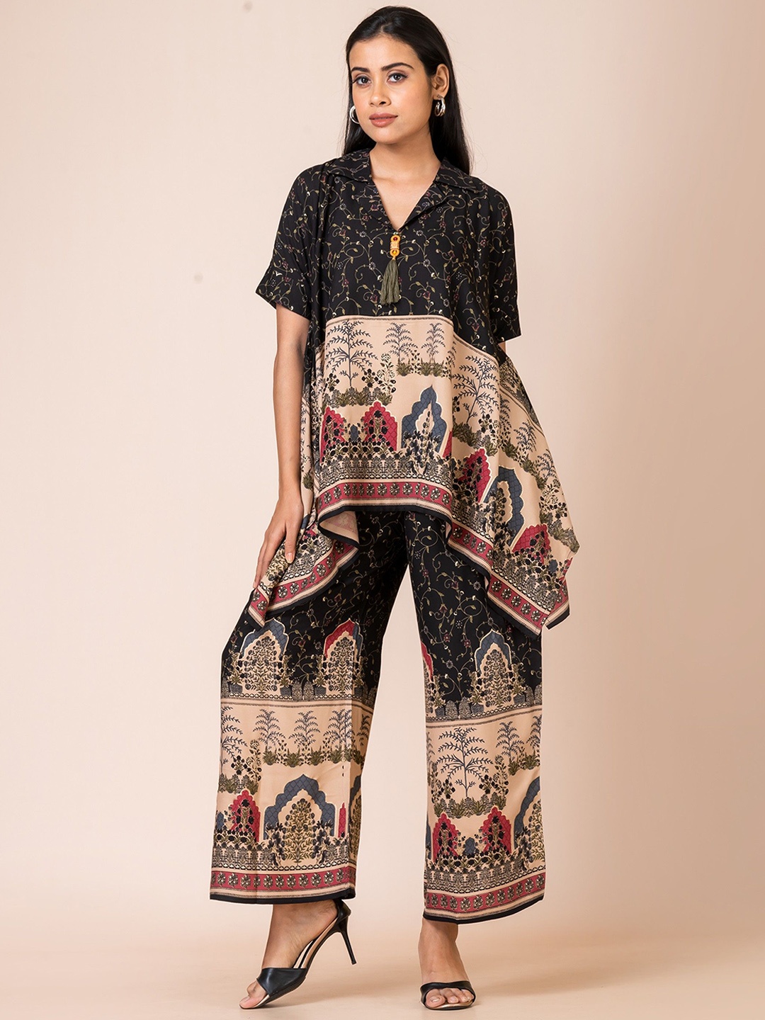 

SARSO Ethnic Printed V-Neck Regular Sleeves Pure Cotton Tunic & palazzo, Black