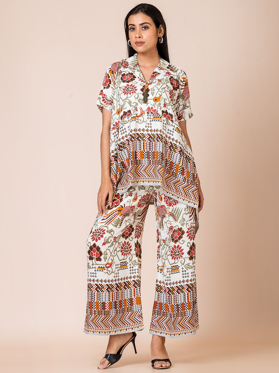 

SARSO Ethnic Motifs Printed Cuban Collar Pure Cotton A-Line Top With Palazzos, Off white