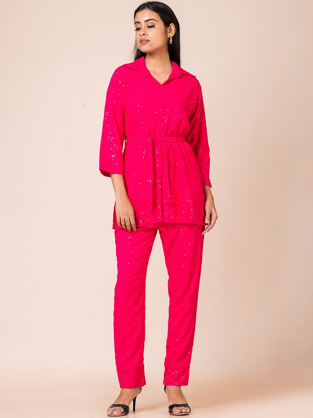 

SARSO Embellished Spread Collar Sequined Detailed Shirt With Trousers & Waist Belt, Fuchsia
