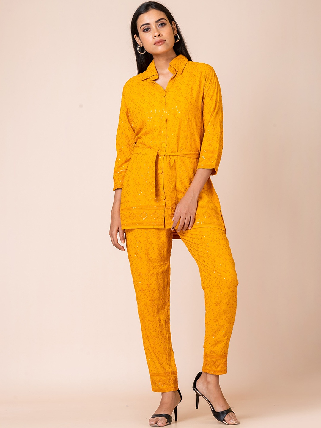 

SARSO Embellished Spread Collar Sequined Detailed Shirt With Trousers & Waist Belt, Mustard