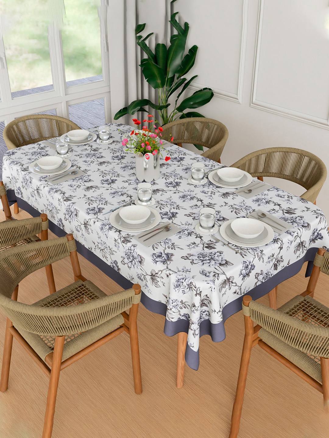 

Kuber Industries White & Grey Floral Anti-Skid Cotton 6-Seater Table Cover