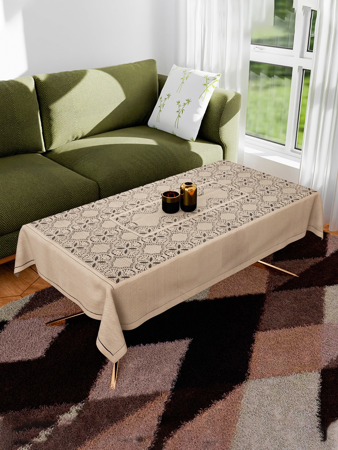 

Kuber Industries Gold-Toned Anti-Skid Cotton 4-Seater Table Cover with Embroidered details