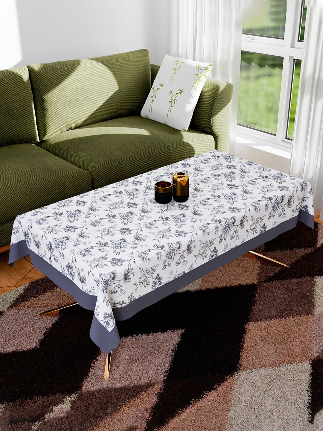 

Kuber Industries White & Grey Floral Printed Anti-Skid Cotton 4-Seater Table Cover