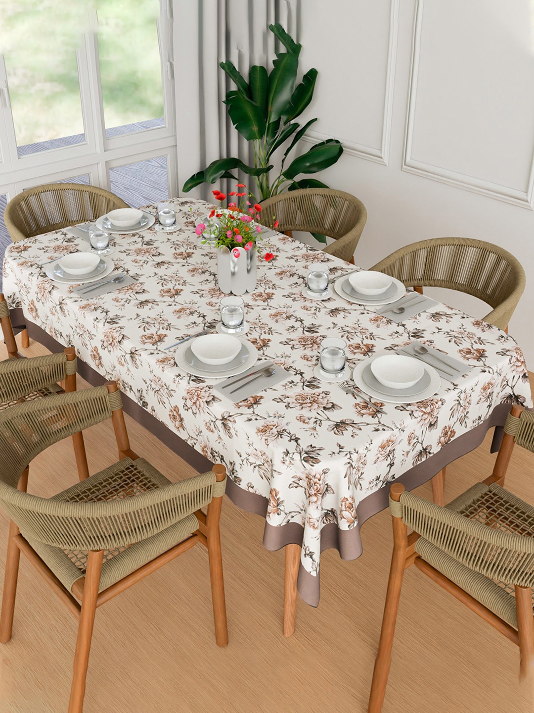 

Kuber Industries Cream-Coloured Floral Anti-Skid Cotton 6-Seater Table Cover