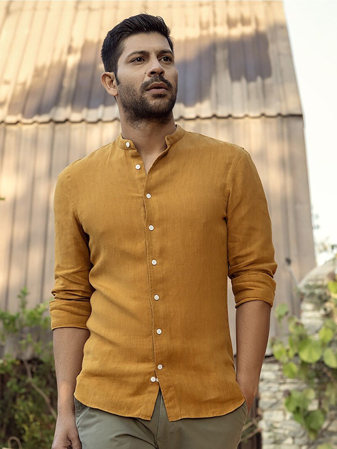 

Monks of Method Classic Band Collar Linen Casual Shirt, Mustard