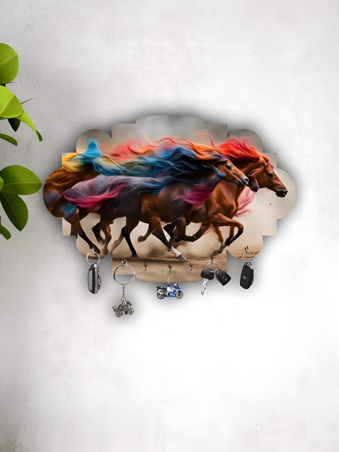 

WALLMAX Blue & Orange Horse Printed Wooden Key Holder