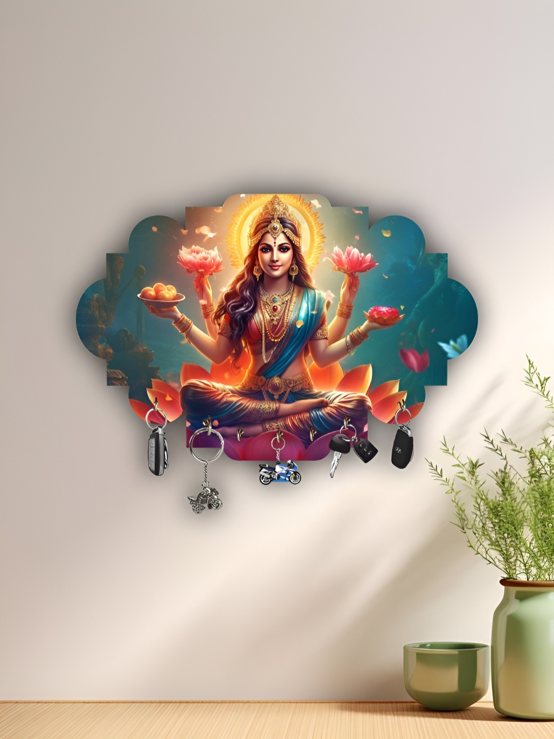 

WALLMAX Orange & Yellow Maa Lakshmi Printed Wooden Key Holder