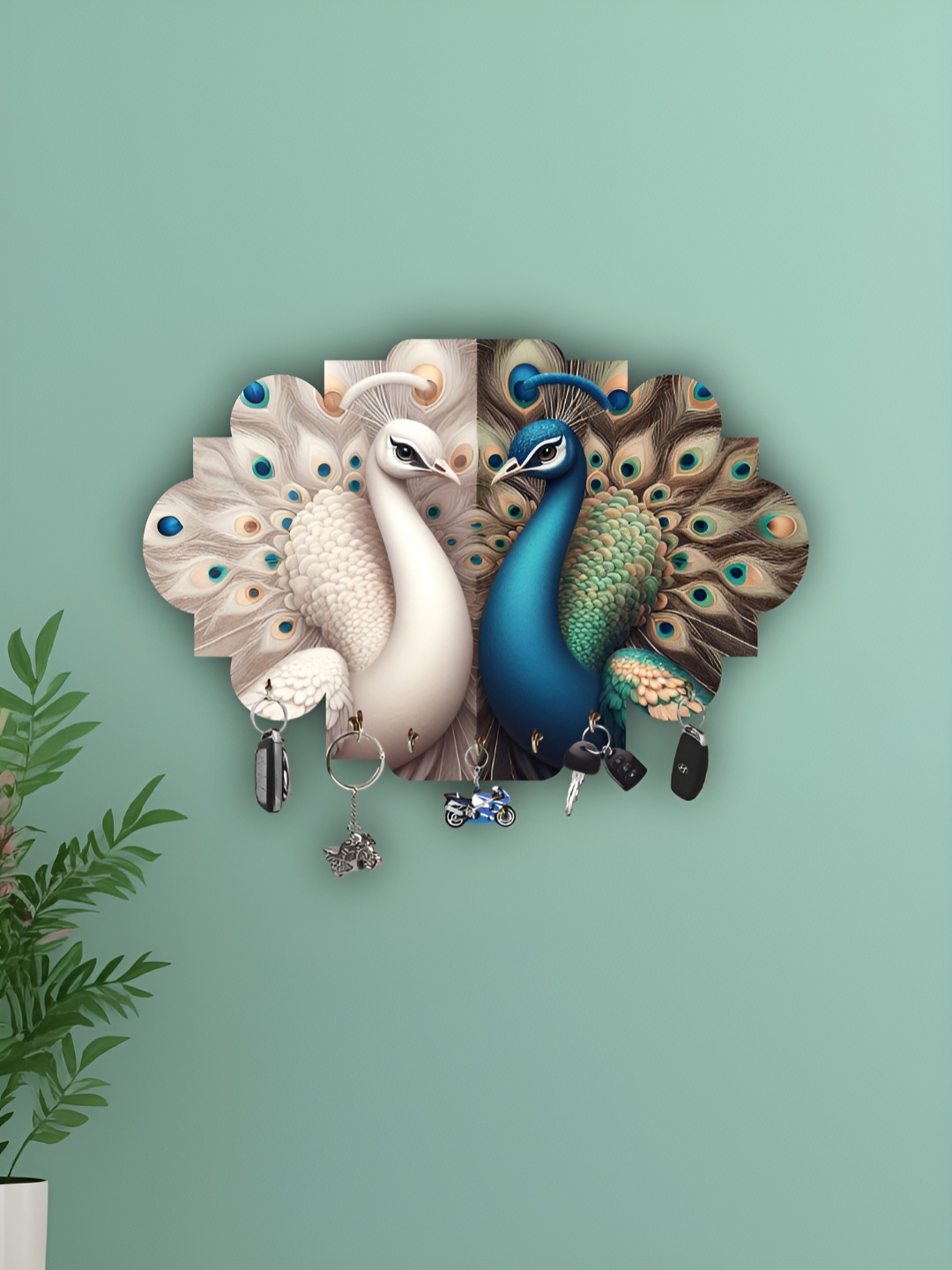 

WALLMAX White & Blue Printed Wooden 7 To 10 Hooks Key Holder