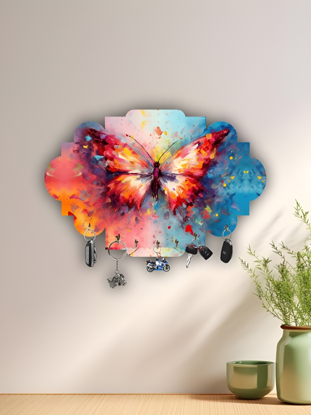 

WALLMAX Pink & Blue Butterfly Printed Wooden Key Holder With 7 Knob Hooks