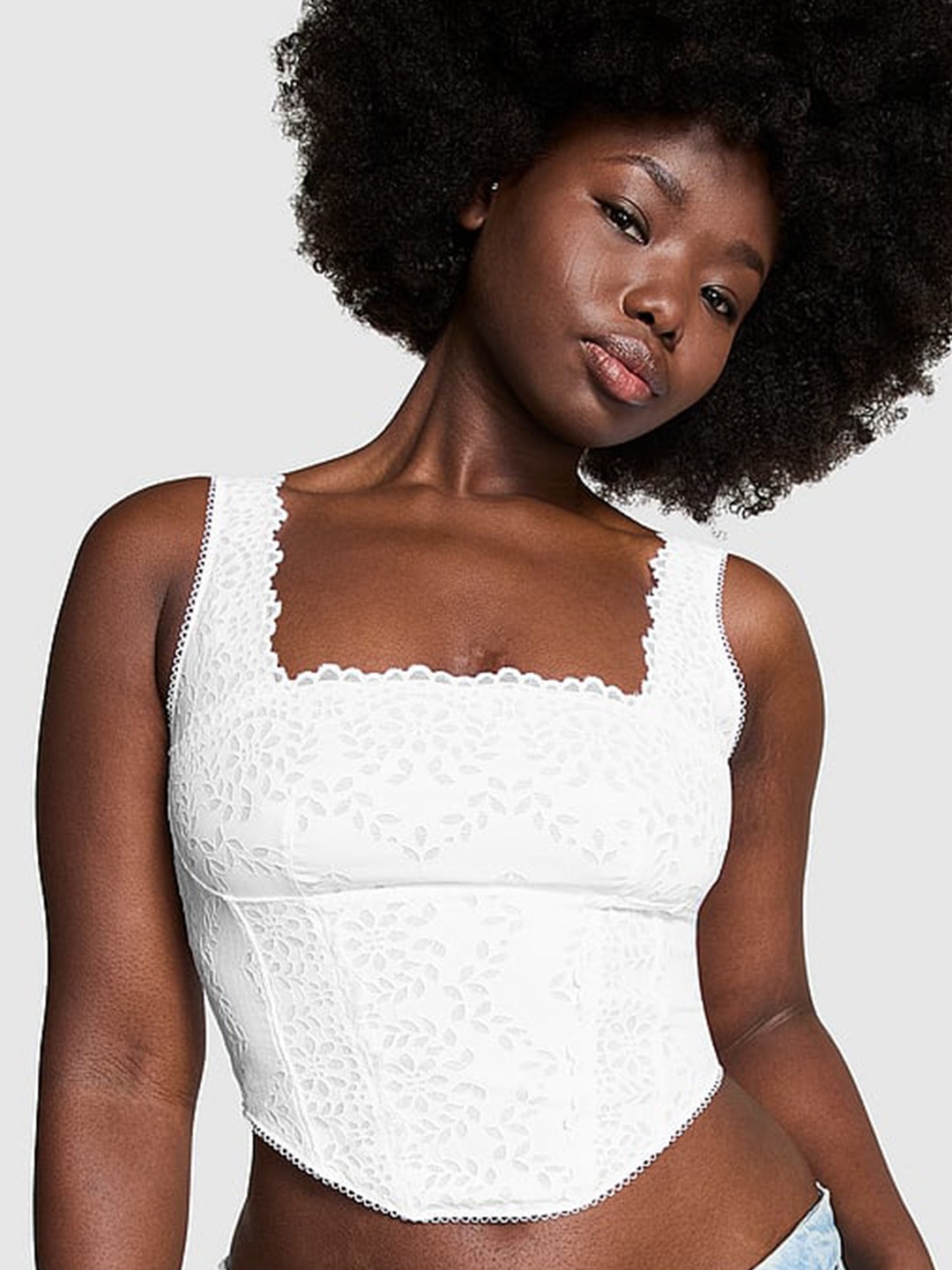 Victoria's Secret PINK Floral Self Design Corset Crop Top, White