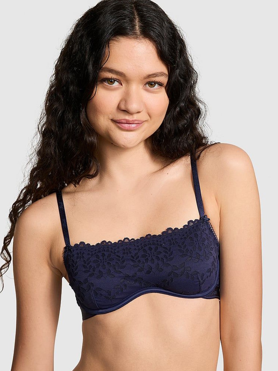 

Victoria's Secret PINK Wink Floral Self Design Non Padded Bralette Bra- All Day Comfort, Navy blue