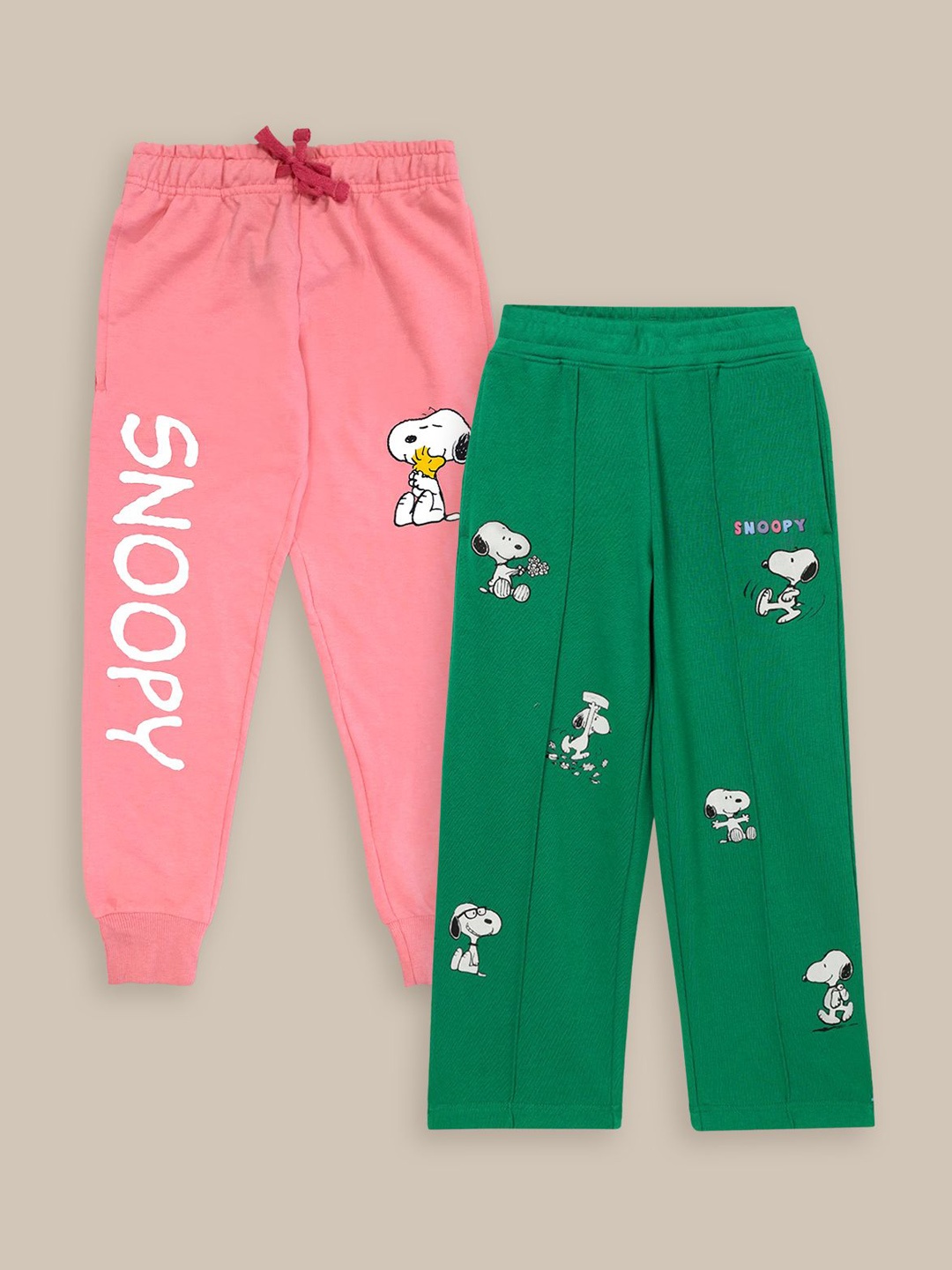 

Kids Ville Girls Pack Of 2 Snoopy Printed Track Pants, Green