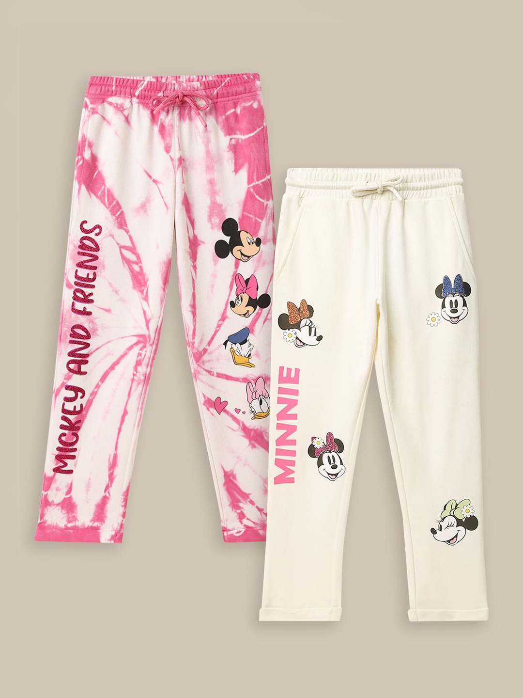 

Kids Ville Girls Pack Of 2 Micky & Friends Printed Track Pants, Pink