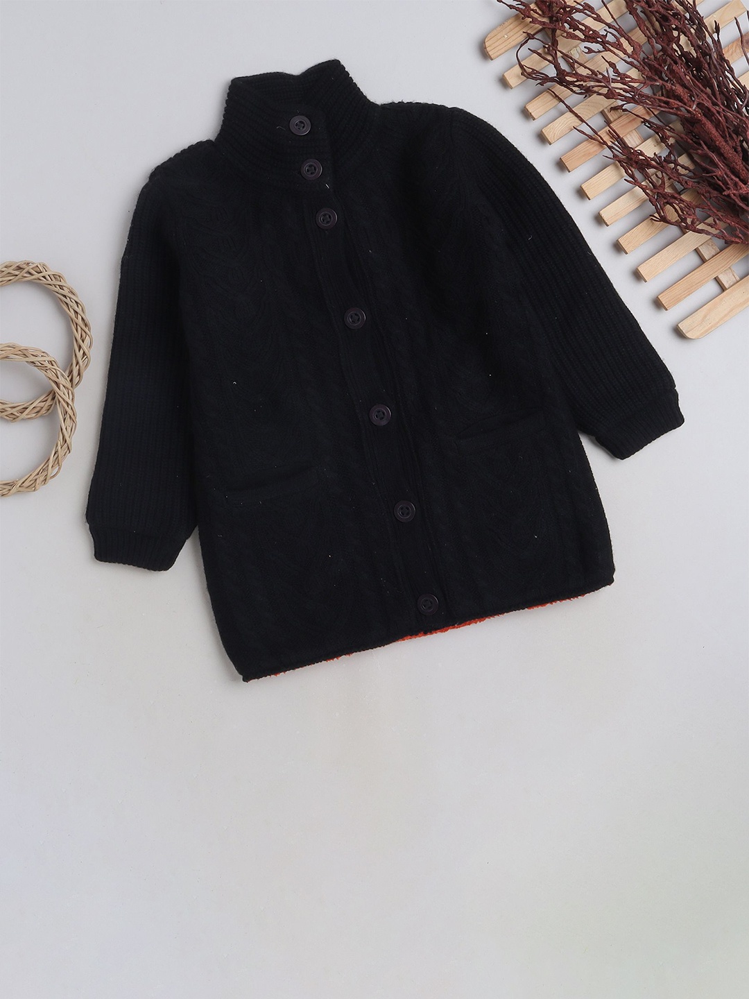 

Yellow Apple Girls Cable Knit Turtle Neck Woollen Cardigan, Black