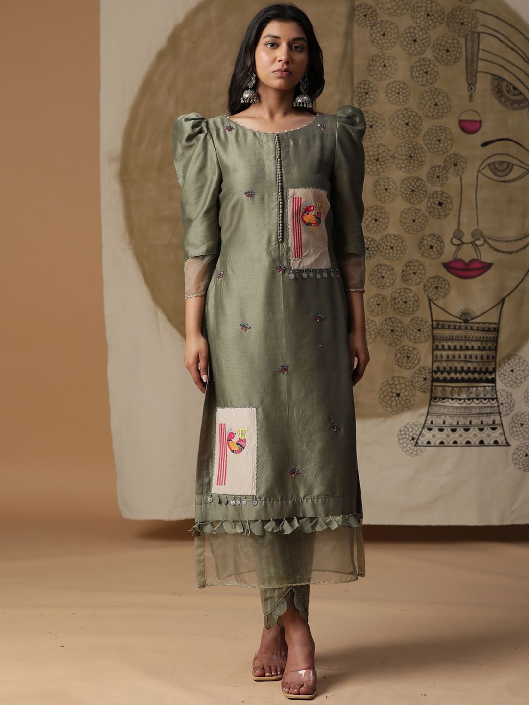 ARPITA SULAKSHANA Floral Embroidered Thread Work Chanderi Silk Kurta & Trousers & Dupatta, Olive