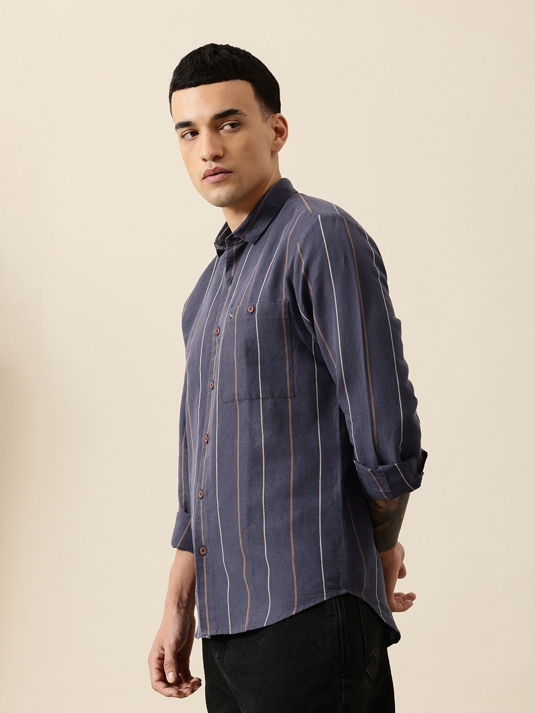 

Mr Bowerbird Men Premium Tailored Fit Striped Linen Cotton Casual Shirt, Navy blue
