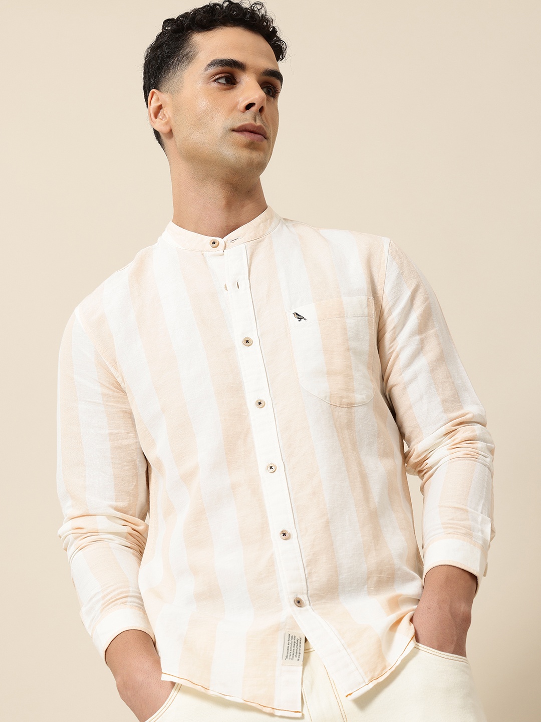 

Mr Bowerbird Men Premium Tailored Fit Striped Linen Cotton Casual Shirt, Beige