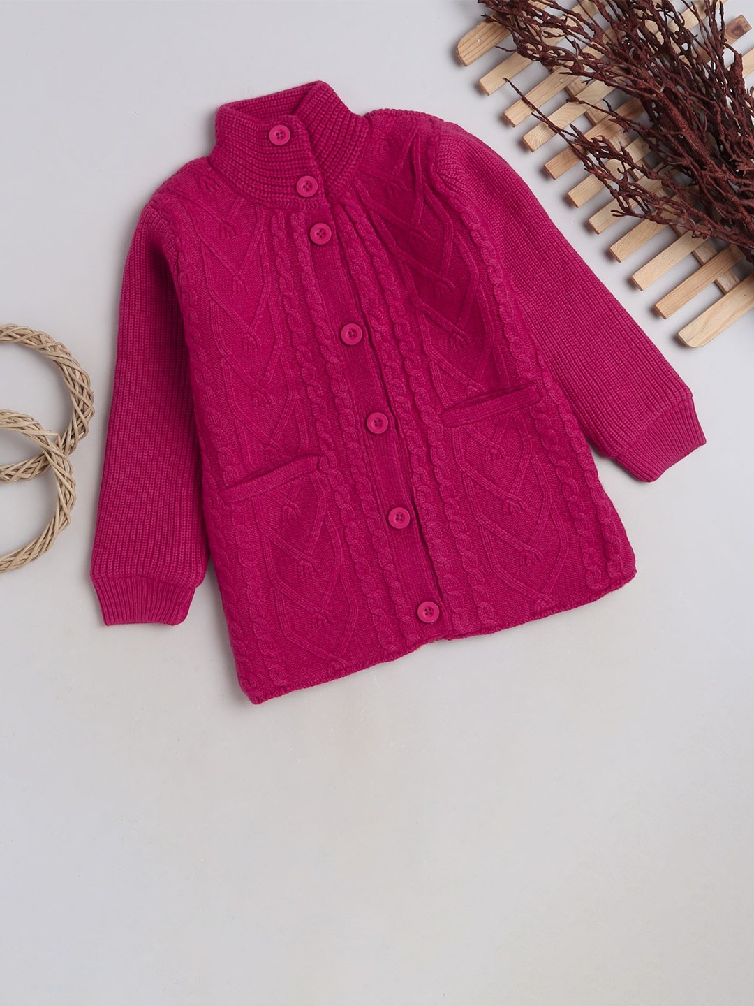 

Yellow Apple Girls Cable Knit Turtle Neck Woollen Cardigan, Fuchsia
