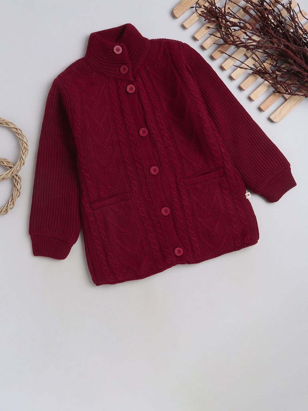 

Yellow Apple Girls Cable Knit Turtle Neck Woollen Cardigan, Maroon