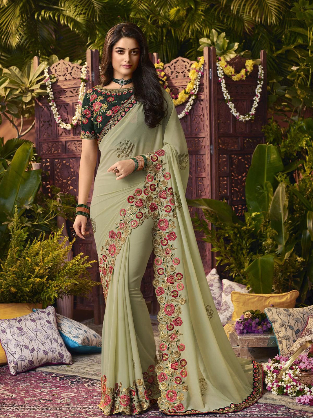 

ODETTE Embellished Sequinned Saree, Green