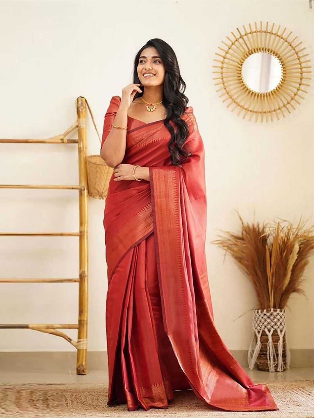 

Anjaneya Sarees Zari Banarasi Saree, Red