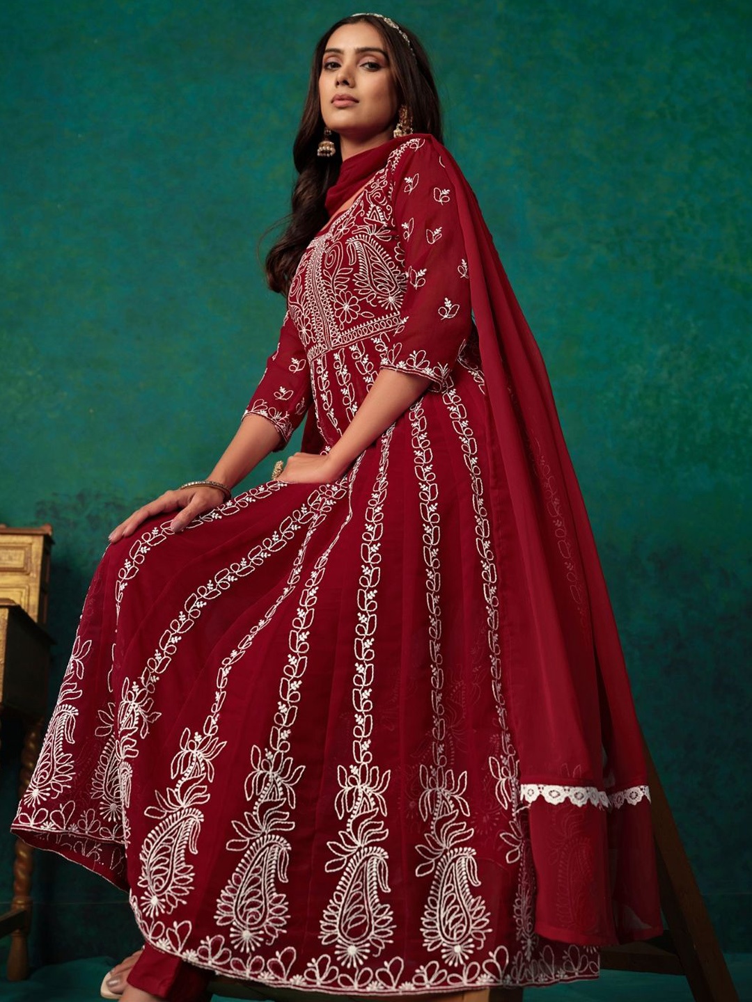 

Sangria Red Floral Chikankari Embroidered Anarkali Kurta With Trouser & Dupatta