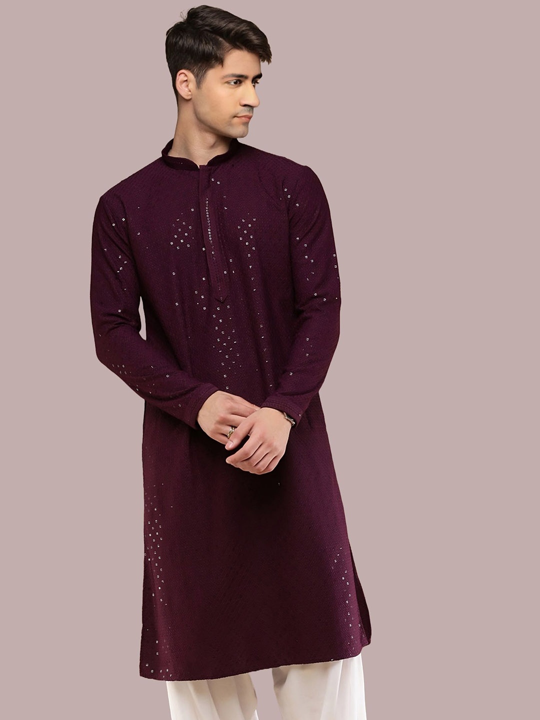 

BAESD Floral Embroidered Mirror Work Straight Kurta, Purple