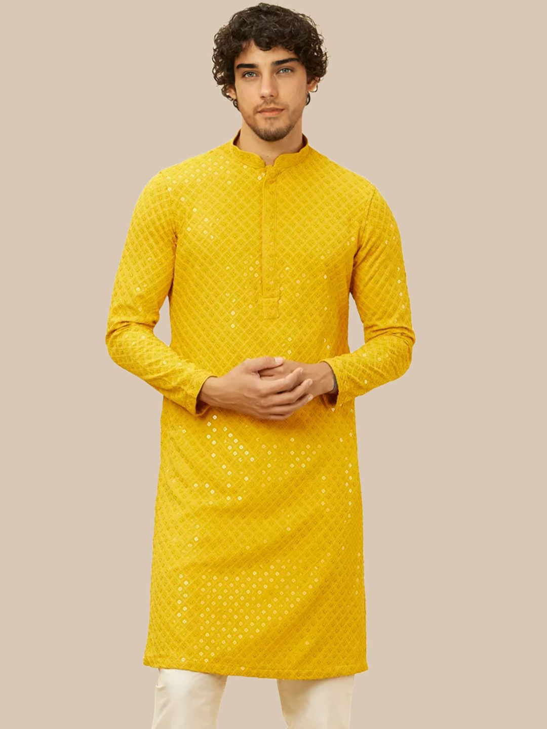 

BAESD Floral Embroidered Mandarin Collar Sequins Straight Kurta, Yellow