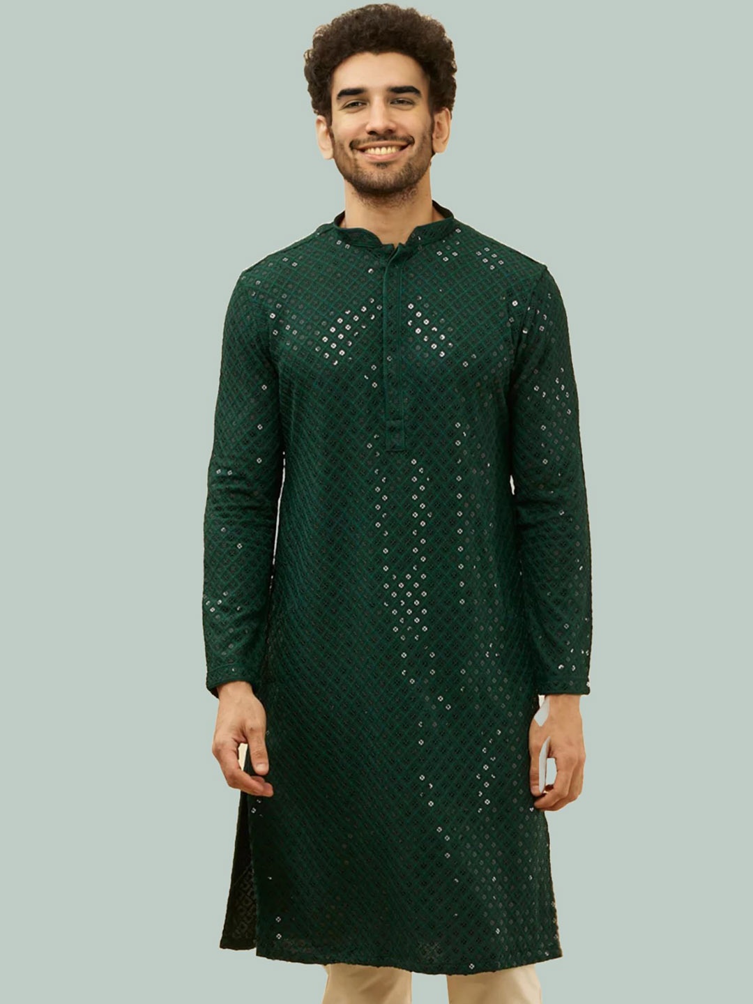 

BAESD Floral Embroidered Mirror Work Straight Kurta, Olive