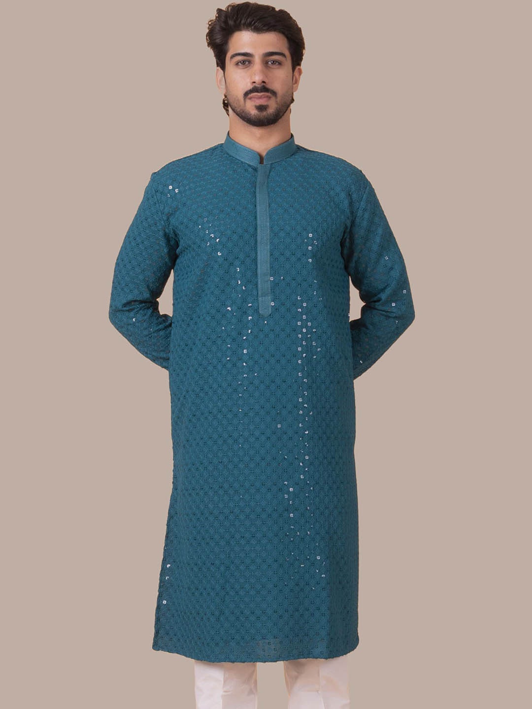 

BAESD Floral Embroidered Mandarin Collar Sequins Straight Kurta, Blue