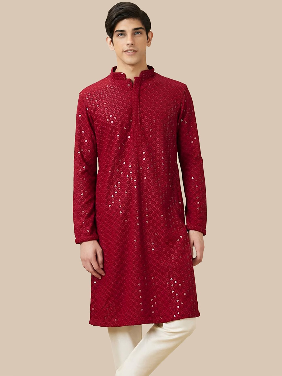 

BAESD Floral Embroidered Mirror Work Straight Kurta, Maroon