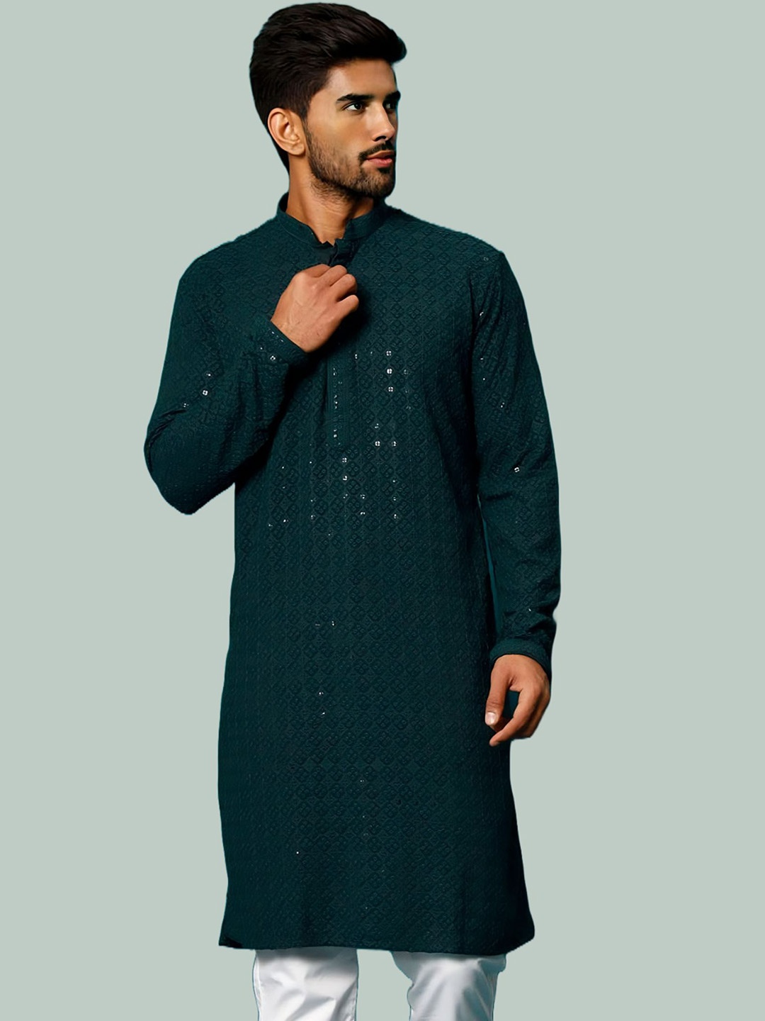 

BAESD Floral Embroidered Mirror Work Straight Kurta, Olive