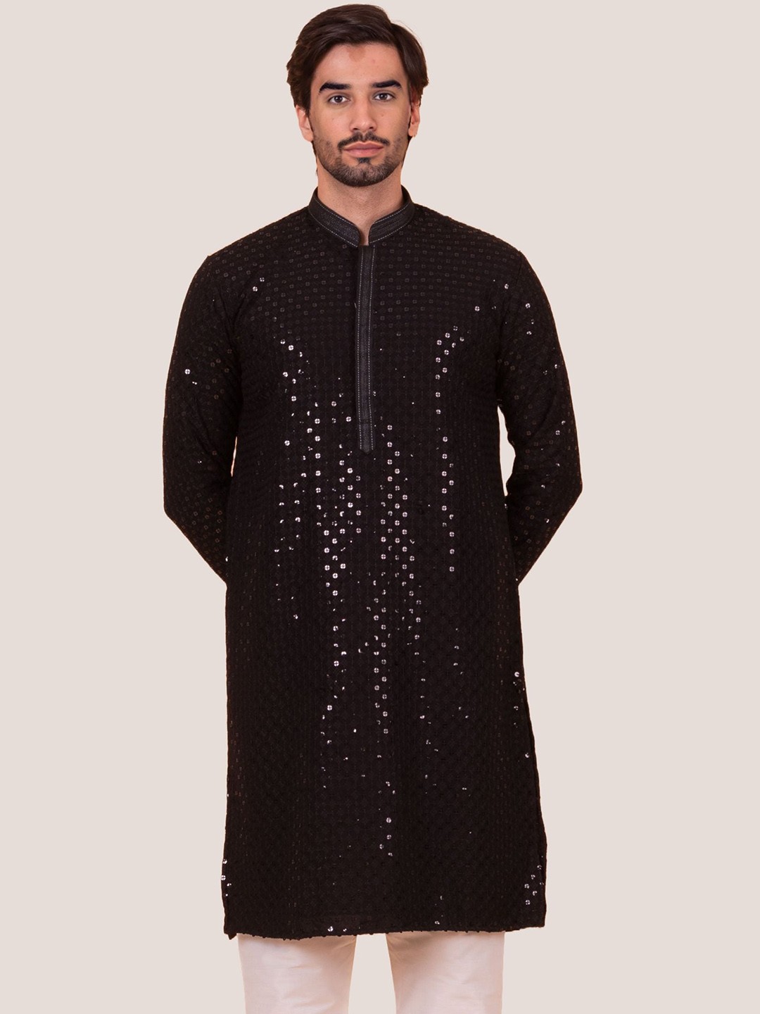 

BAESD Floral Embroidered Mirror Work Straight Kurta, Black