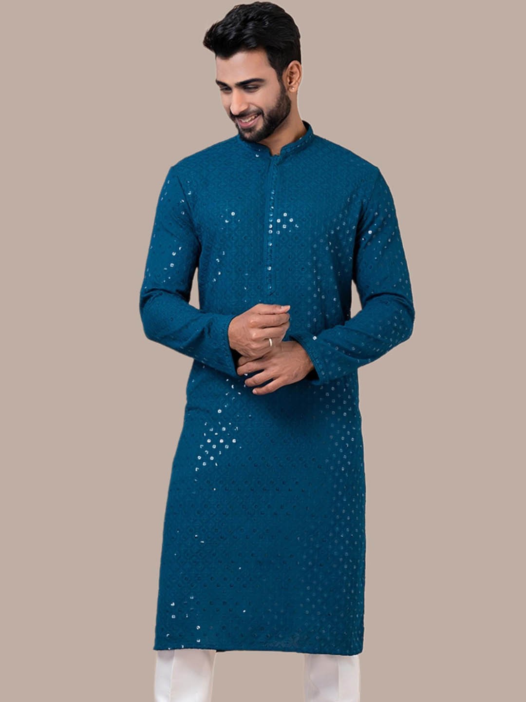

BAESD Floral Embroidered Mirror Work Straight Kurta, Blue