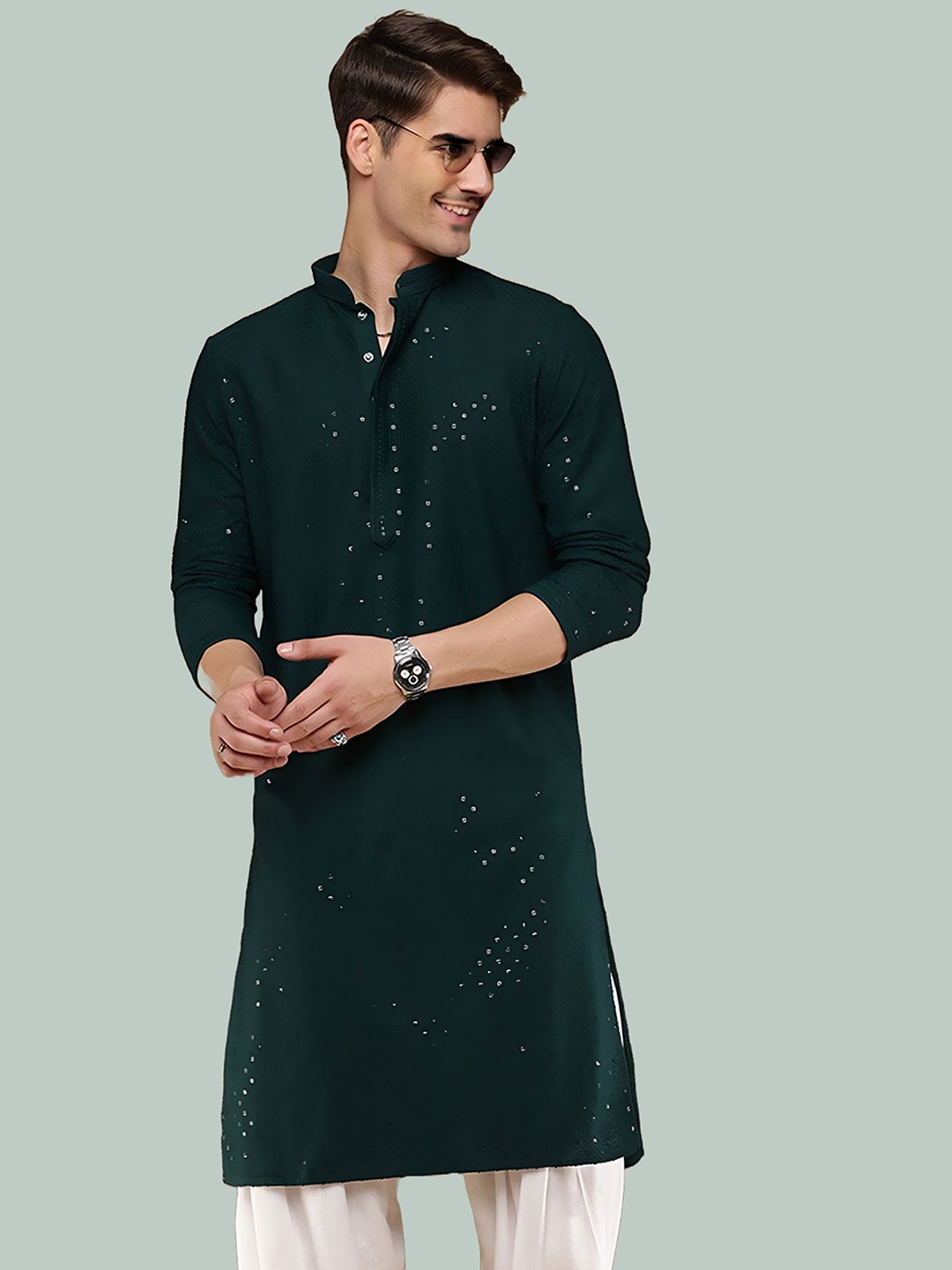 

BAESD Mandarin Collar Sequins Straight Kurta, Green