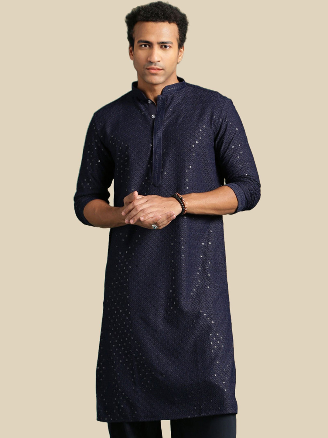 

BAESD Floral Embroidered Mirror Work Straight Kurta, Navy blue