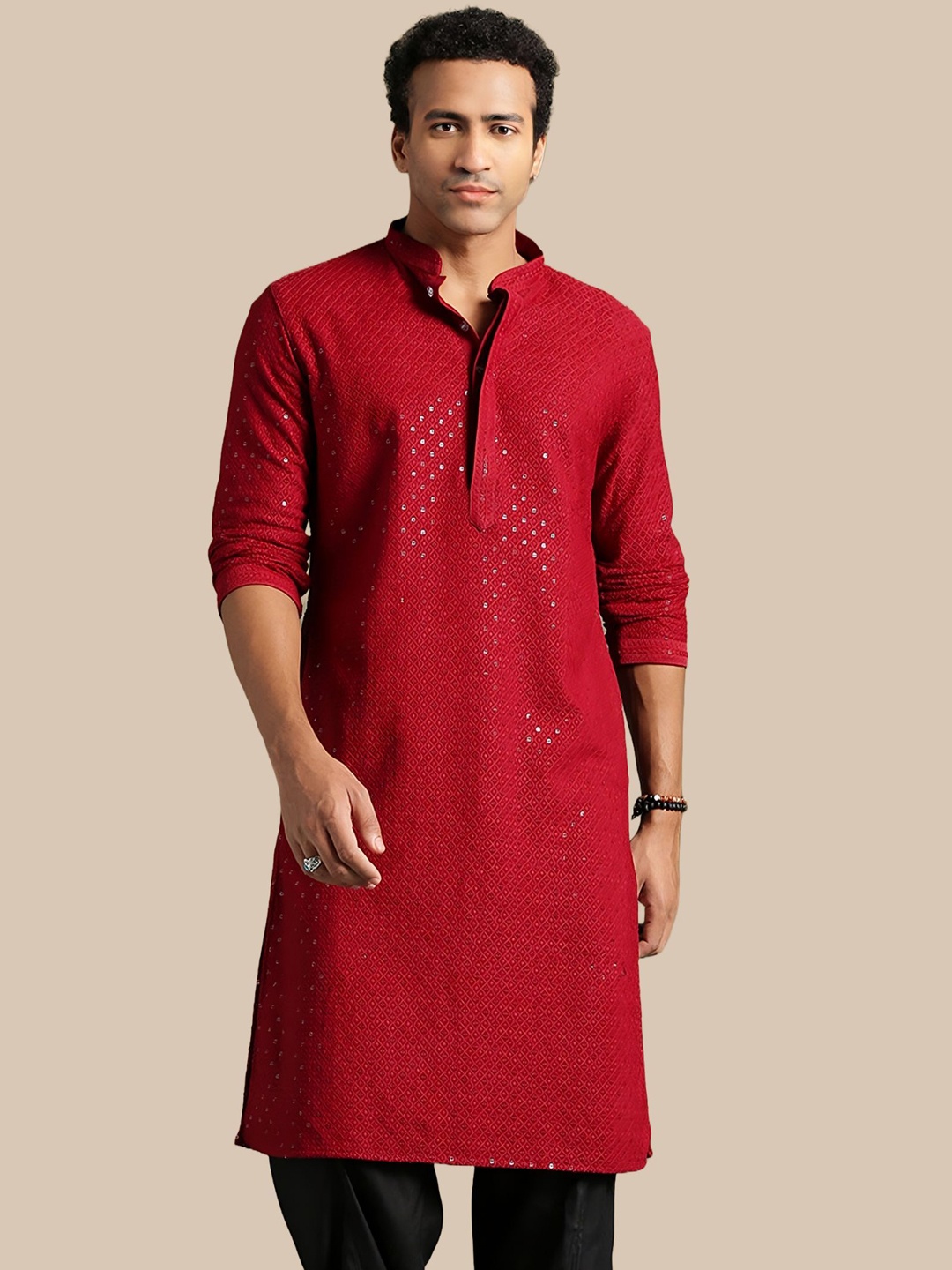 

BAESD Floral Embroidered Mirror Work Straight Kurta, Maroon