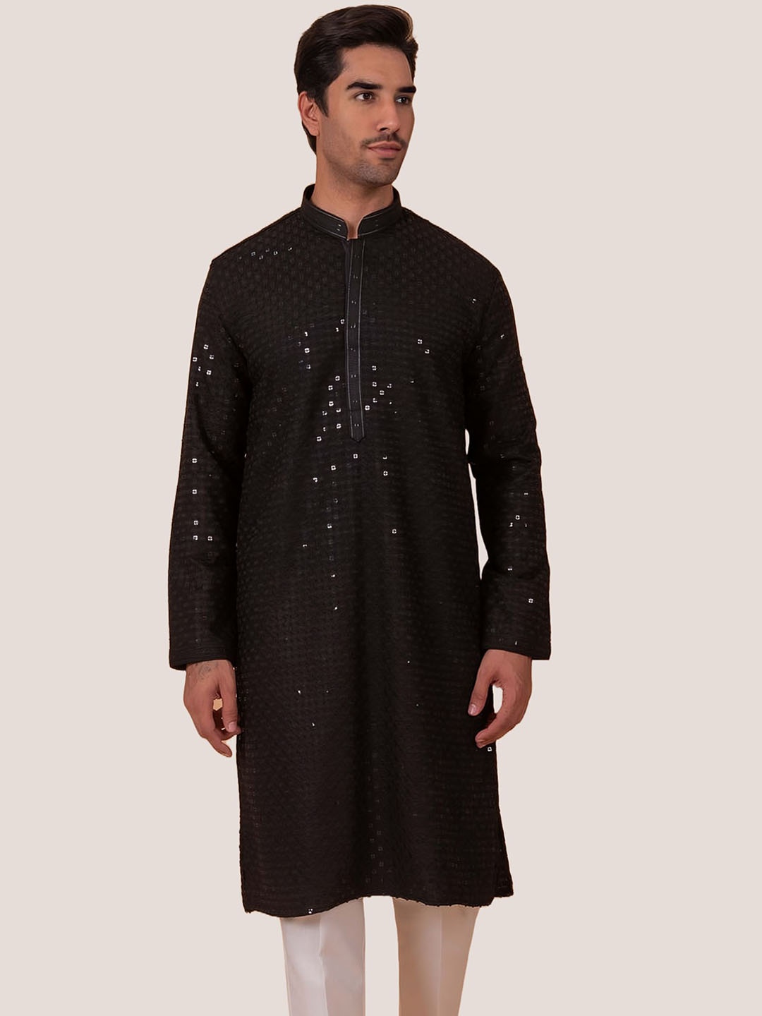 BAESD Floral Embroidered Mirror Work Straight Kurta, Black