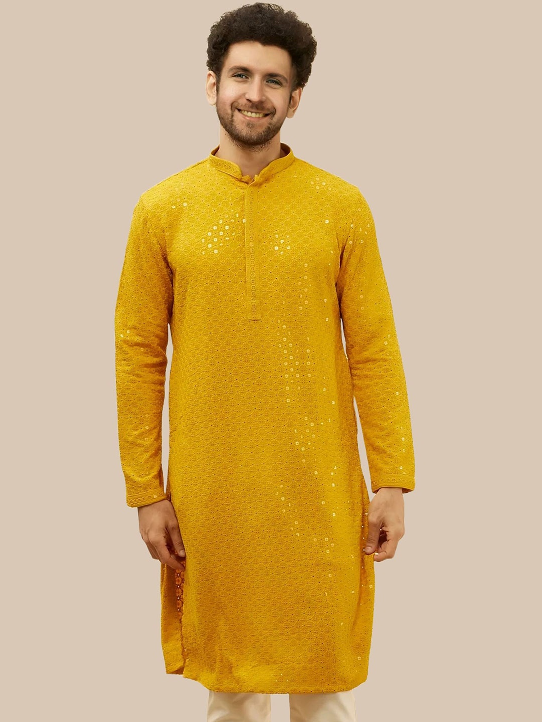

BAESD Floral Embroidered Mirror Work Straight Kurta, Yellow