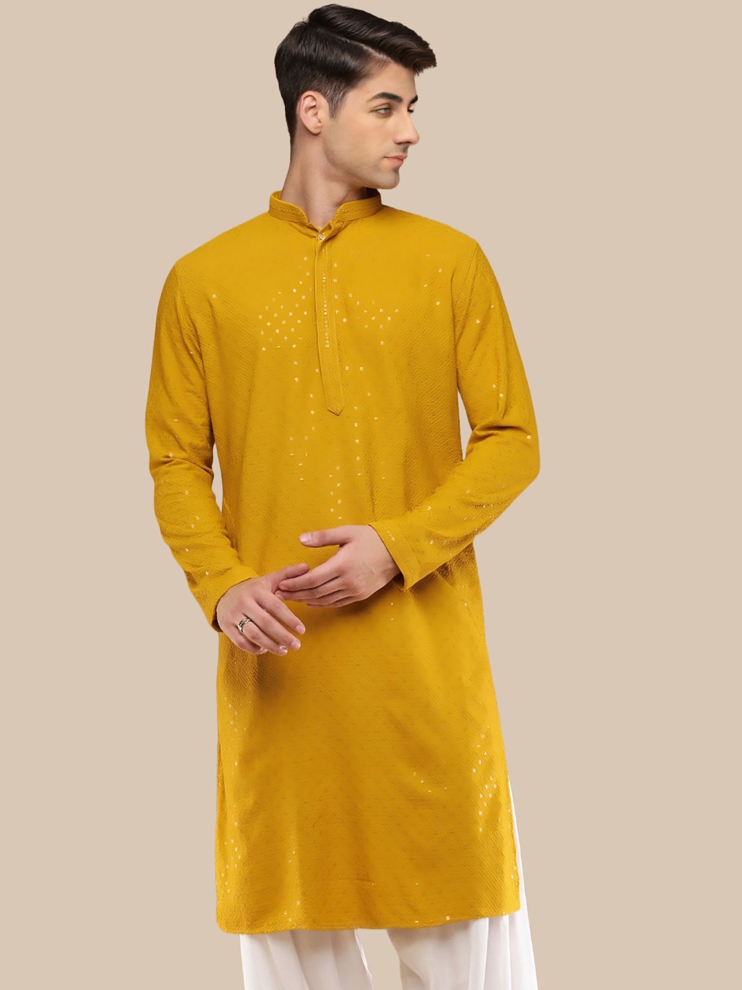 

BAESD Floral Embroidered Mirror Work Straight Kurta, Yellow