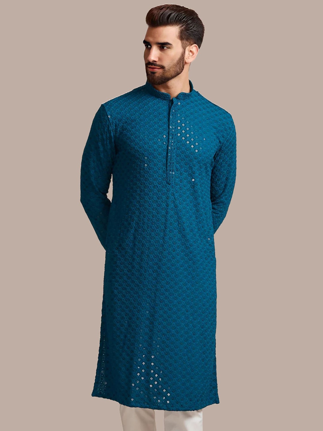 

BAESD Floral Embroidered Mandarin Collar Sequins Straight Kurta, Blue