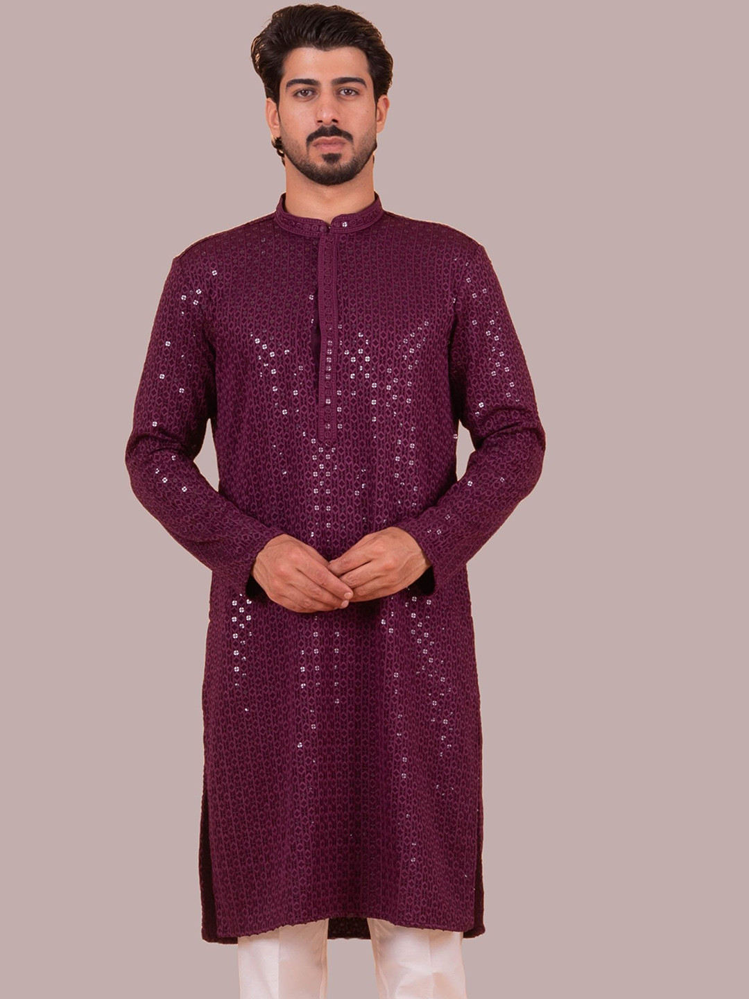 

BAESD Floral Embroidered Mirror Work Straight Kurta, Purple