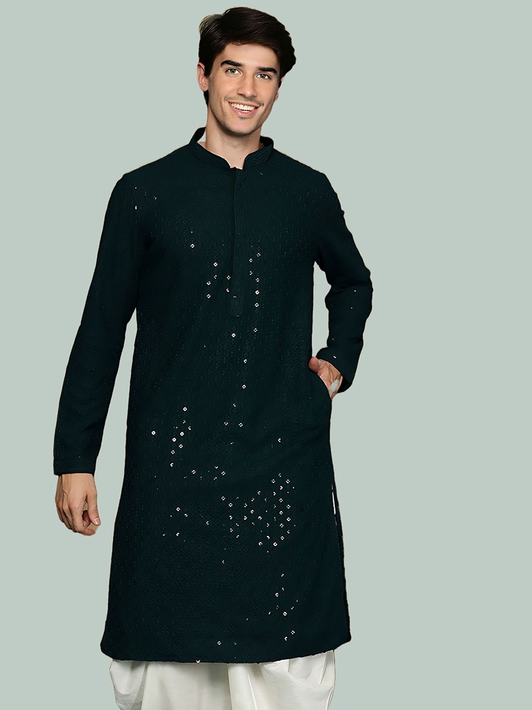 

BAESD Floral Embroidered Mirror Work Straight Kurta, Olive