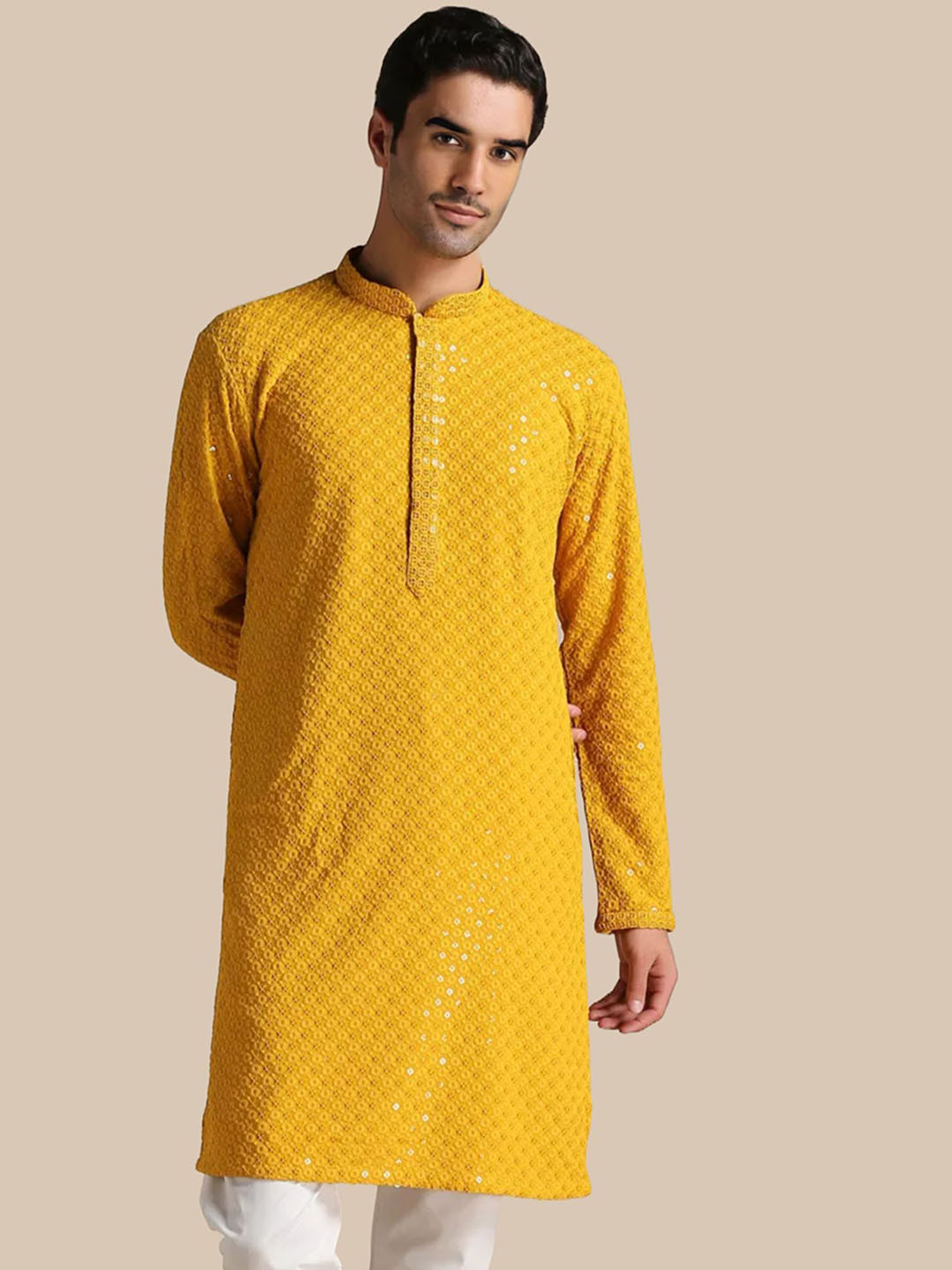

BAESD Floral Embroidered Mirror Work Straight Kurta, Yellow