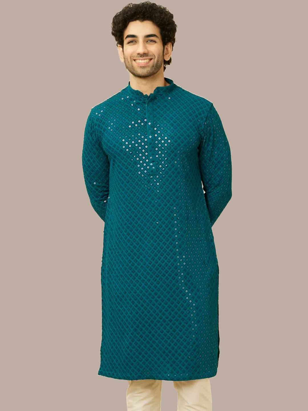

BAESD Floral Embroidered Mirror Work Straight Kurta, Blue