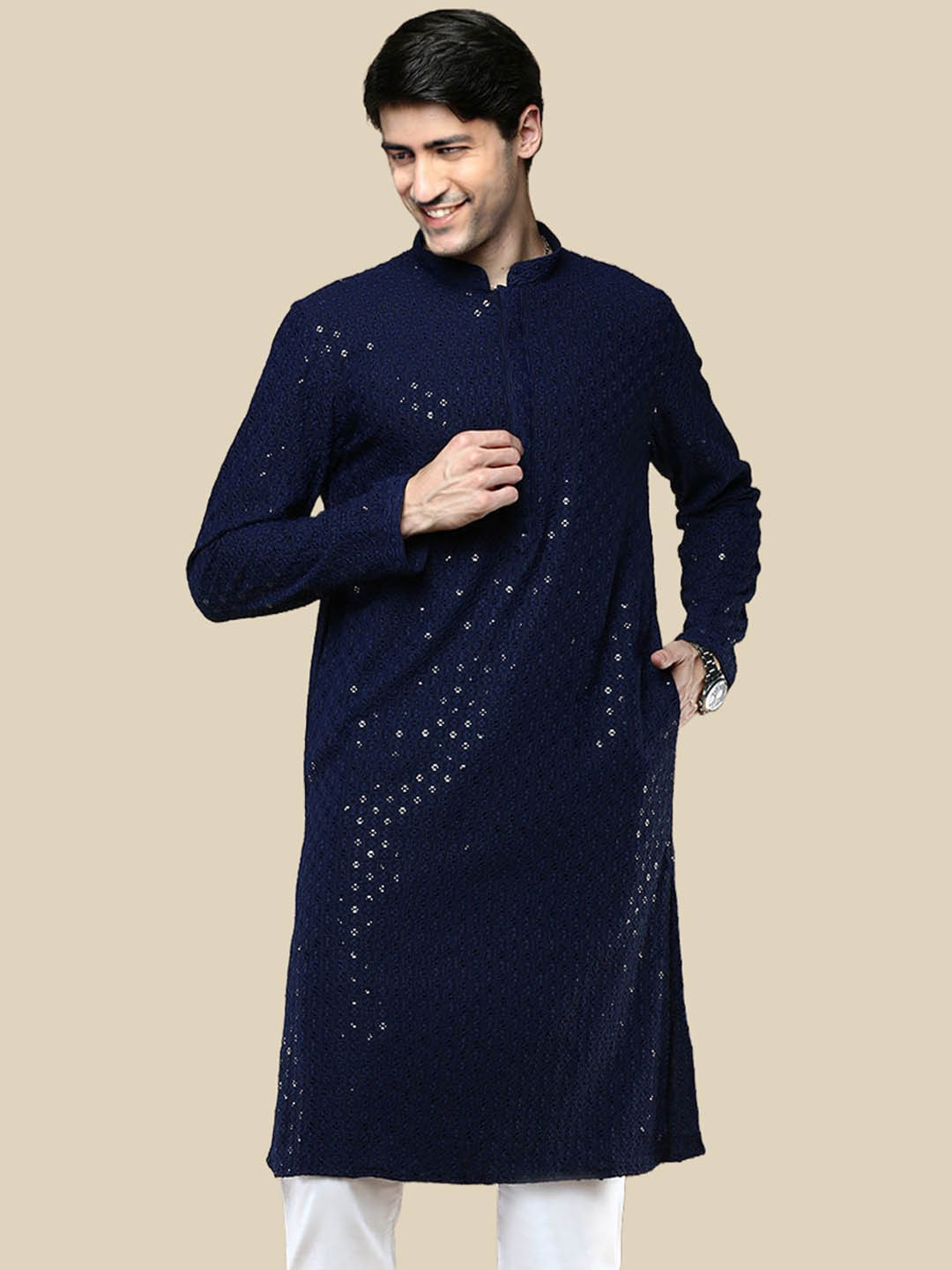 

BAESD Floral Embroidered Mirror Work Straight Kurta, Navy blue