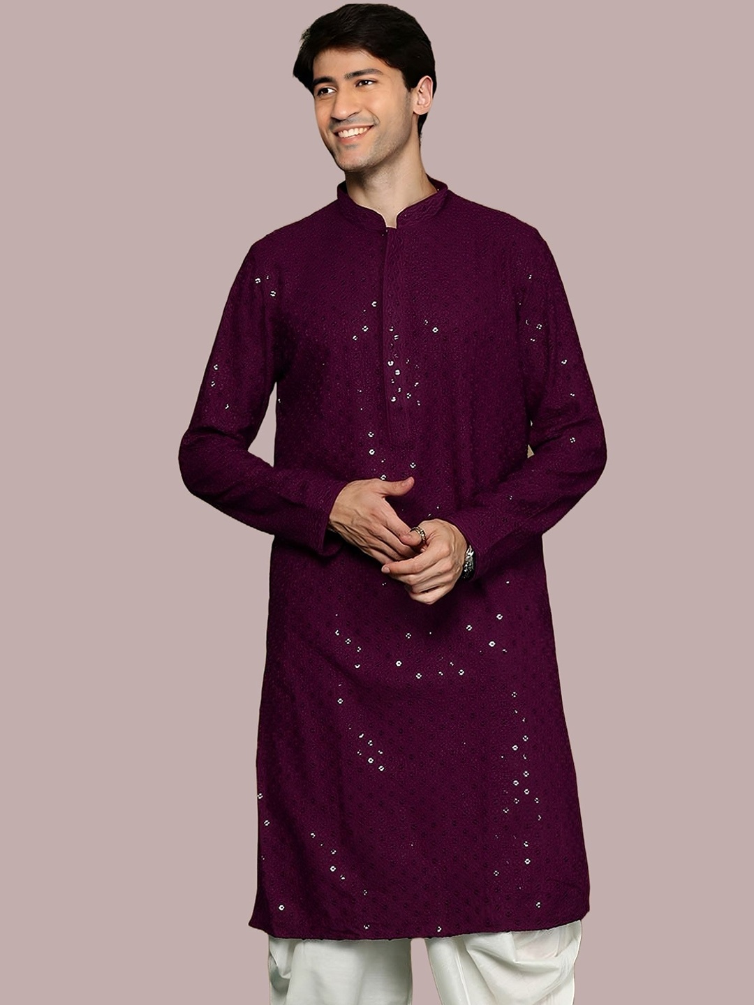 

BAESD Floral Embroidered Mandarin Collar Sequins Straight Kurta, Purple